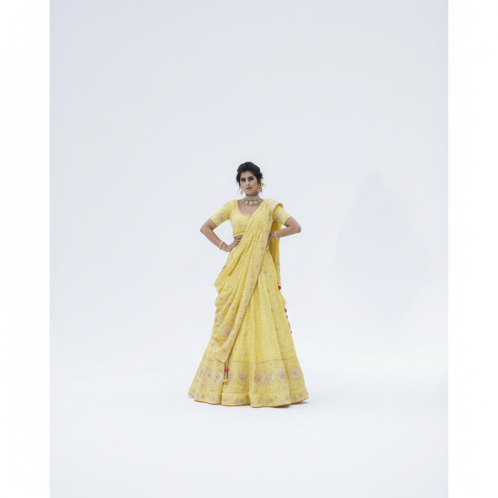 Yellow Chikan Mukaish with Zardozi Gota Patti Pure Silk Georgette Lehenga Set with Jaal Dupatta