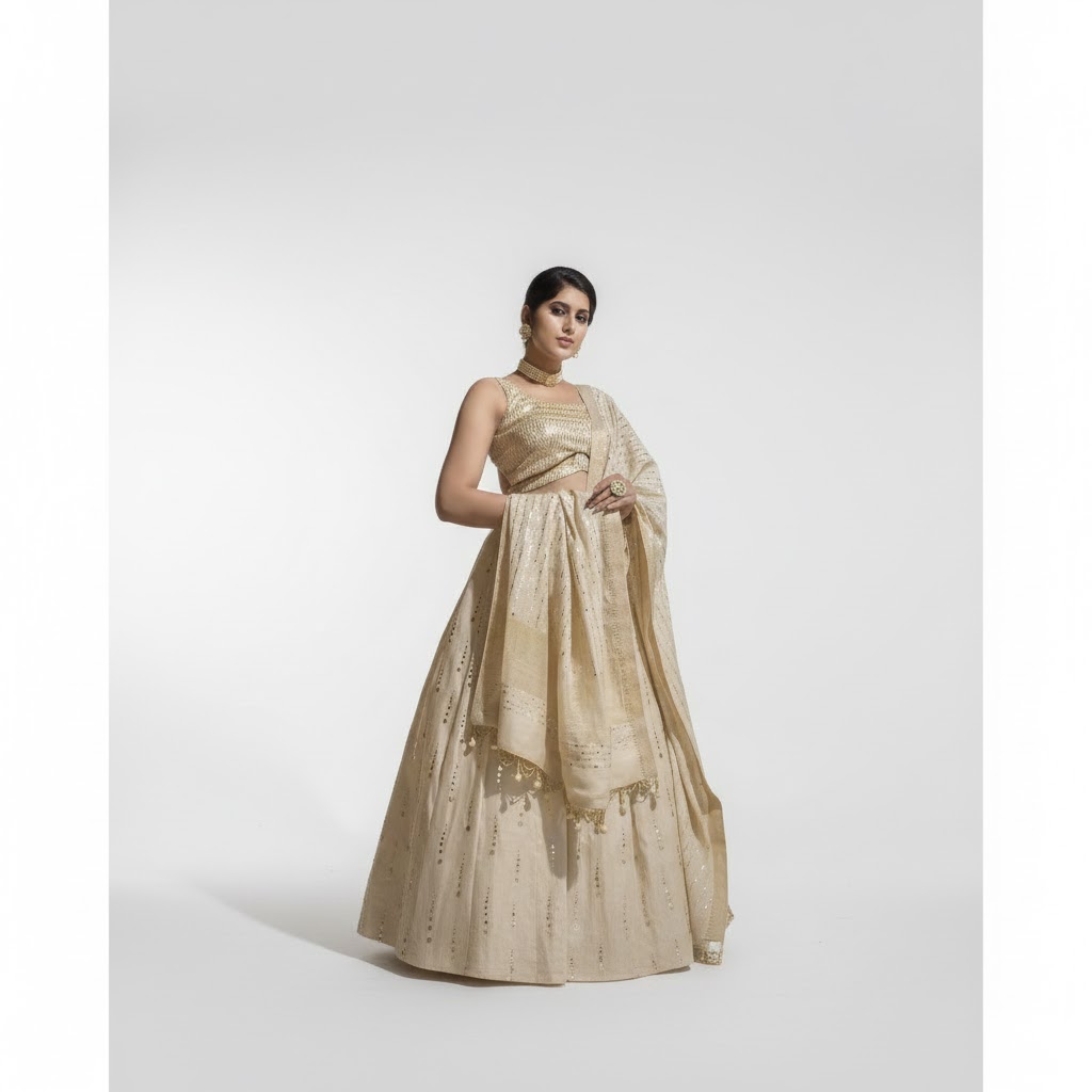 Beige Mukaish Raindrop Pure Tassar Lehenga Set