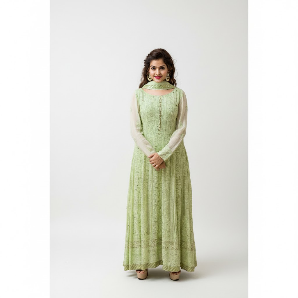 Pista Green CHikan Mukaish Viscose Georgette Anarkali Set
