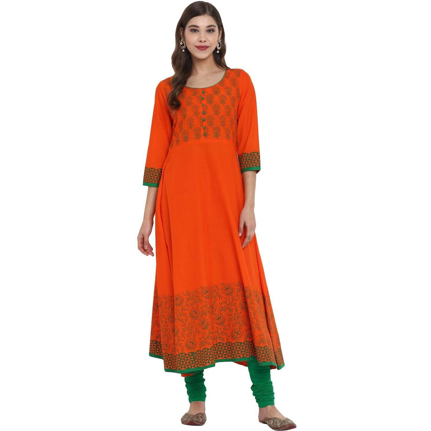 NOZ2TOZ Women Floral Print Anarkali Kurta Orange
