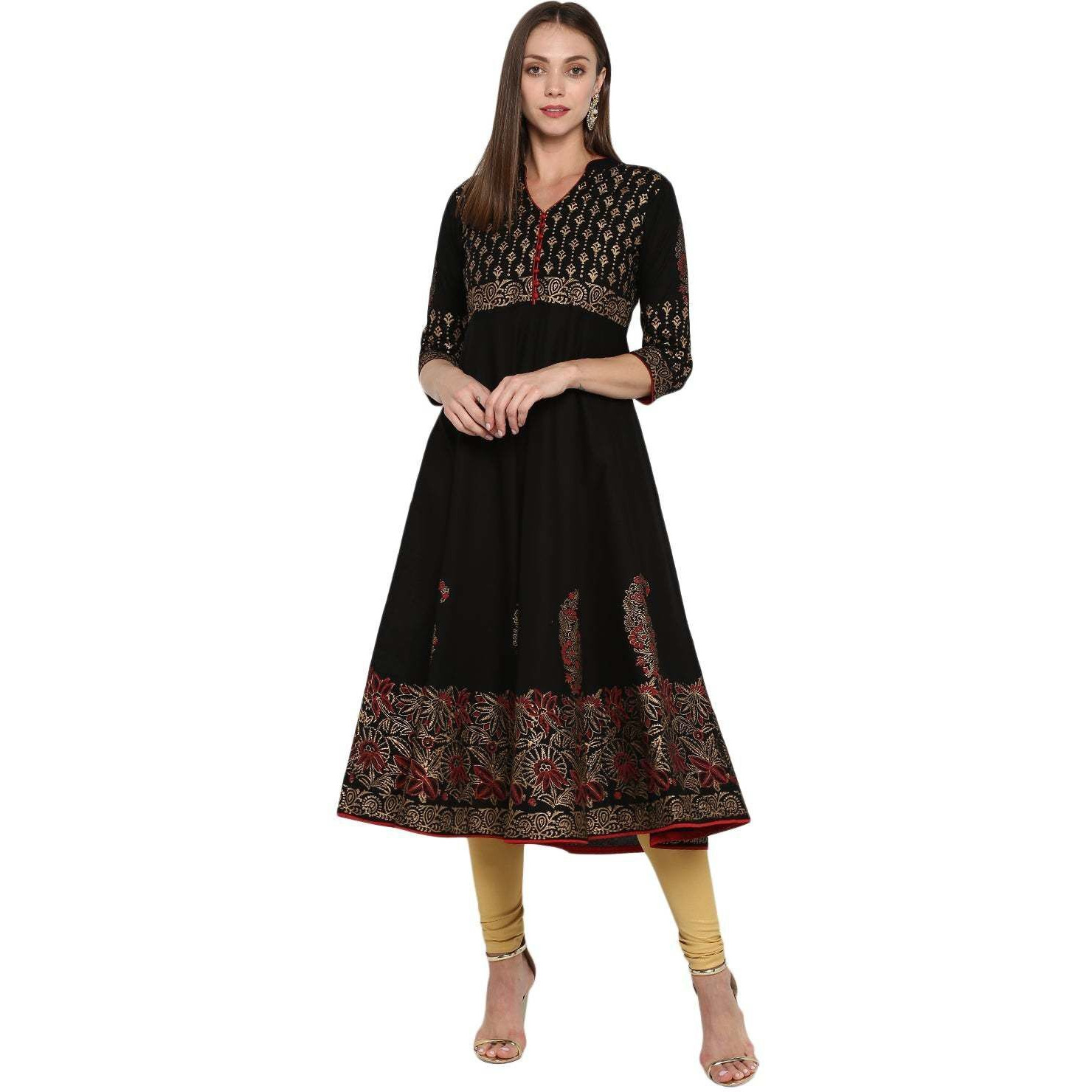 NOZ2TOZ Women Printed Anarkali Kurta Black