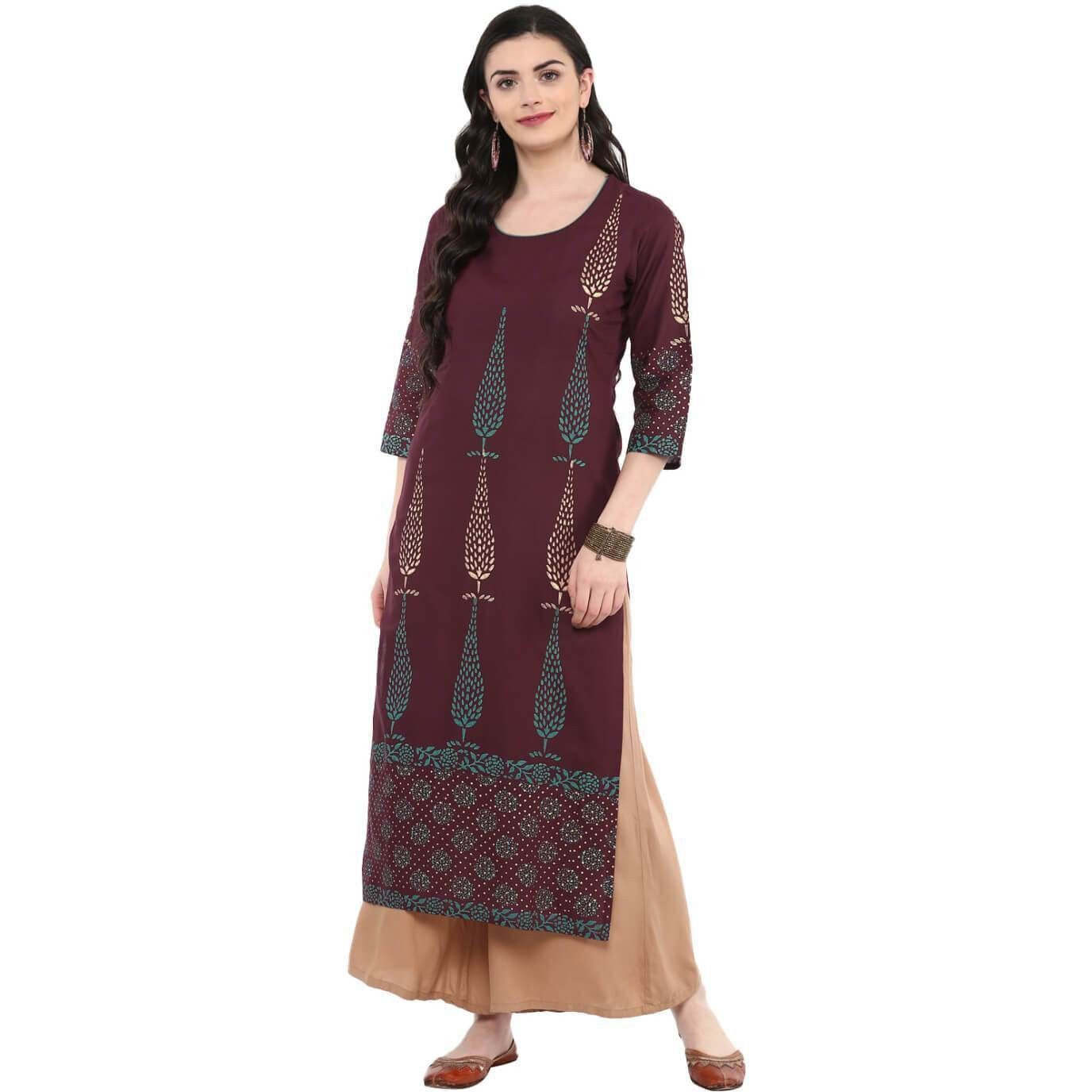 NOZ2TOZ Women Printed Straight Kurta Maroon