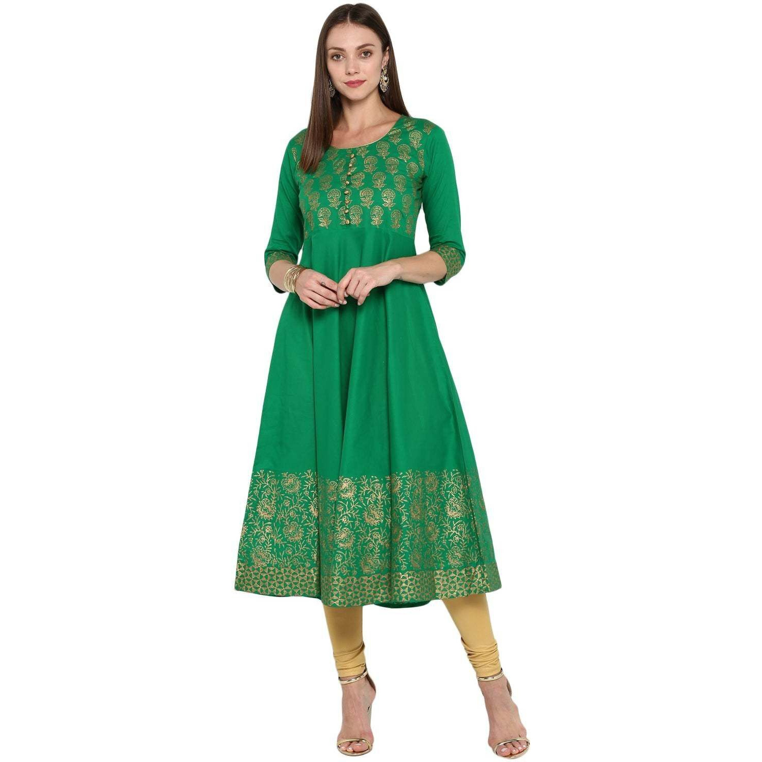 NOZ2TOZ Women Printed Aline Kurta Green