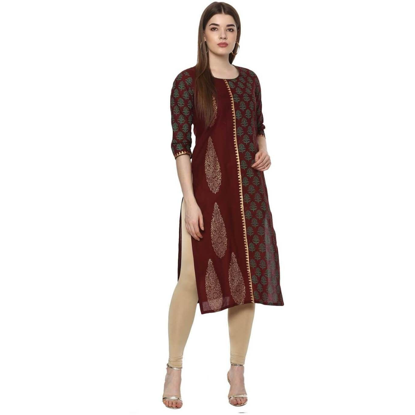 NOZ2TOZ Women Printed Straight Kurta Maroon
