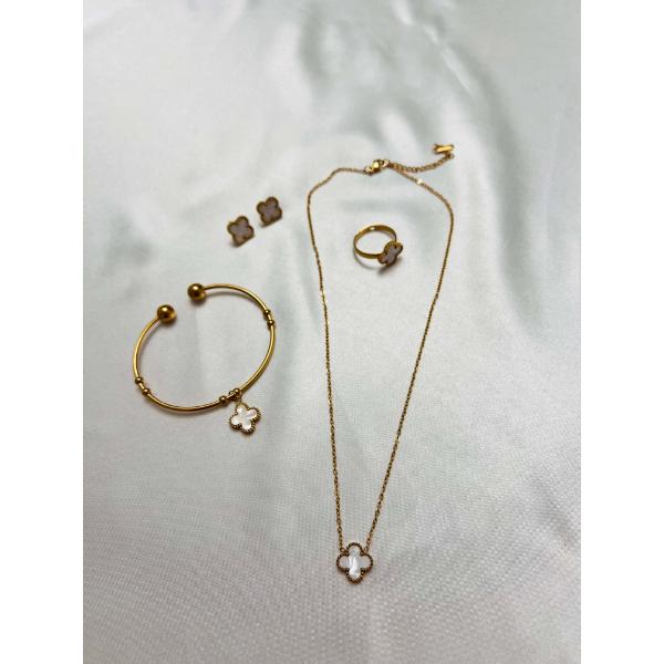 4 leaf clover necklace earring bracelet ring set golden stainless steel waterproof anti tarnish jewelry