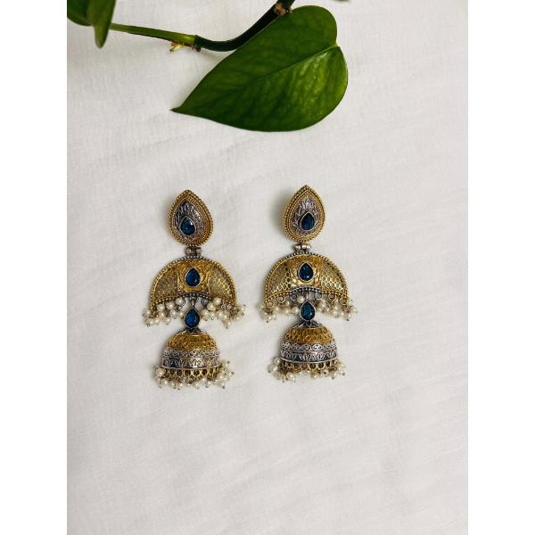 Dual tone Jhumkas  Silver and golden long earring with blue stone  Indian jewelry