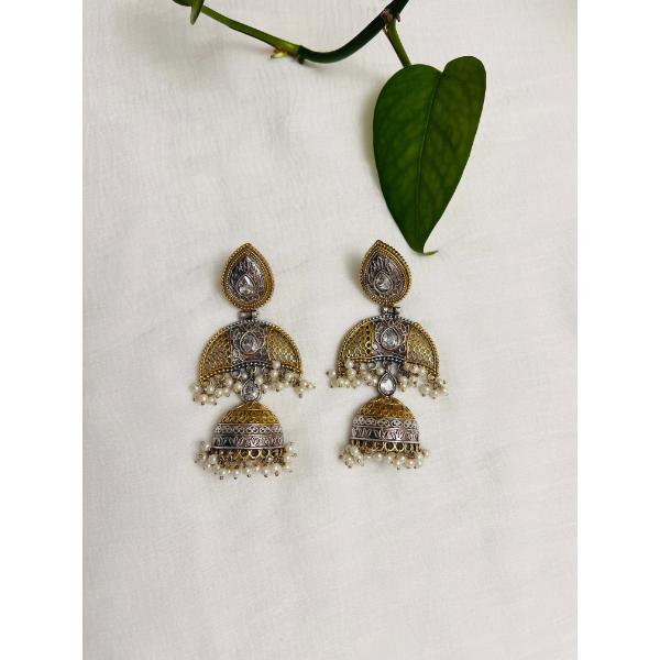 Dual tone Jhumkas  Silver and golden long earring with diamond  Indian jewelry