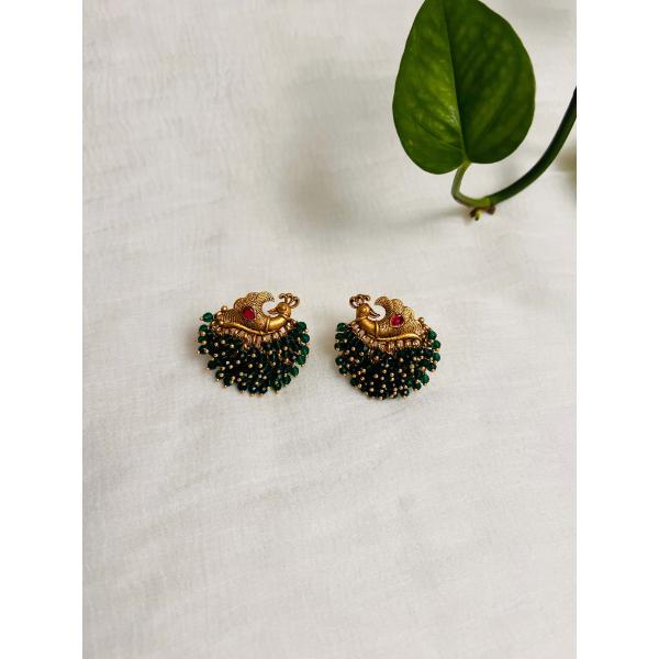 Green beads and golden antique studs with matte finish  Indian golden earring with peacock