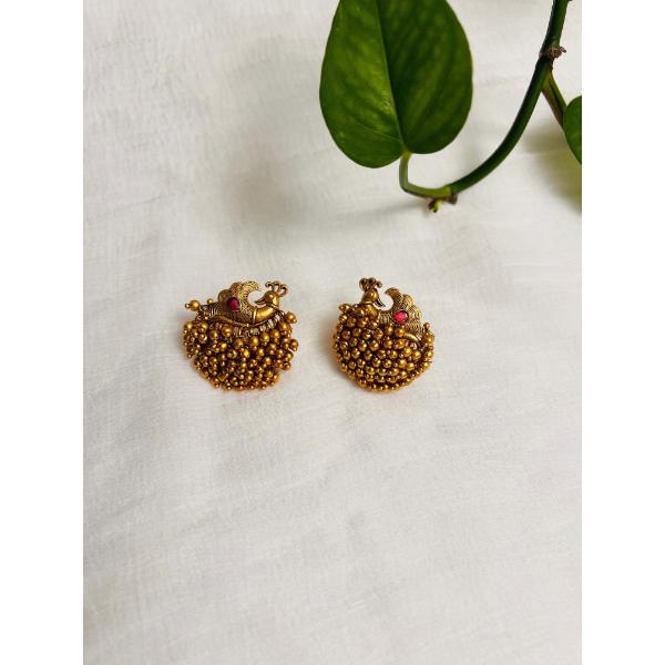 Golden beads antique studs with matte finish  Indian golden earring  Peacock design earring