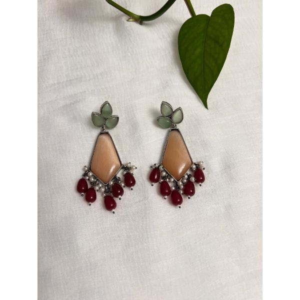 Stunning multicolor chandelier earring  Silver oxidized Indian earring in peach and green stones  Indian jewelry