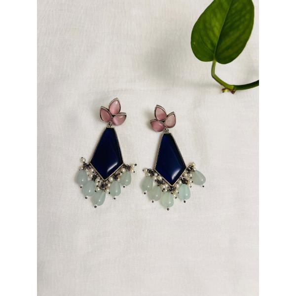 Stunning multicolor chandelier earring  Silver oxidized Indian earring in blue and pink stones  Indian jewelry