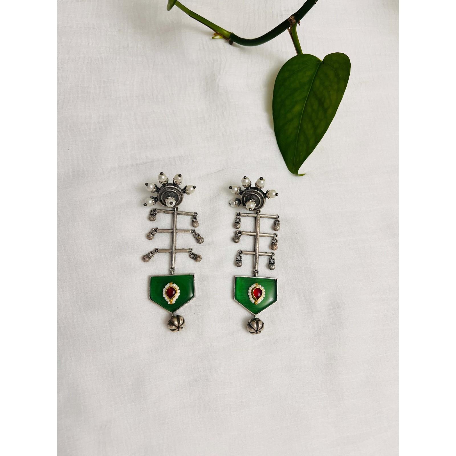 Silver oxidized dangle earring  Green stone hanging earring  Indian jewelry