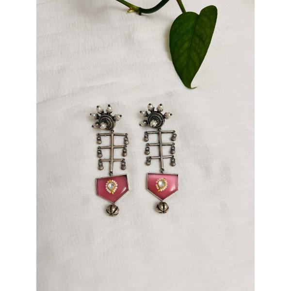 Silver oxidized dangle earring  Pink stone hanging earring  Indian jewelry