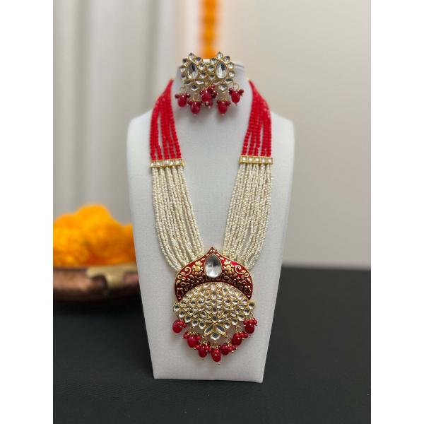 Beads stranded necklace and earring set  Red Rani haar  Long mala multilayered red beads necklace