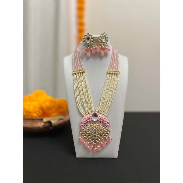 Beads stranded necklace and earring set  Pink Rani haar  Long mala multilayered pink beads necklace