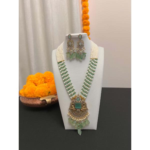 Beads stranded necklace earring set  Rani haar necklace set  Long mala necklace  Antique big stone pendant and earring  Multilayered green beads necklace