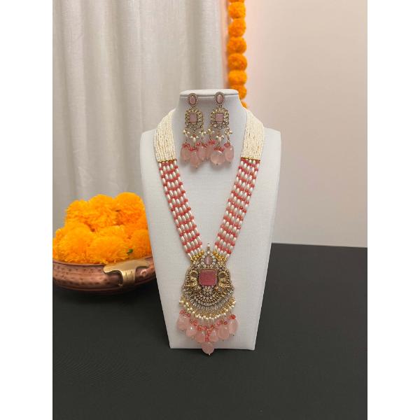 Beads stranded necklace earring set  Rani haar necklace set  Long mala necklace  Antique big stone pendant and earring  Multilayered pink beads necklace