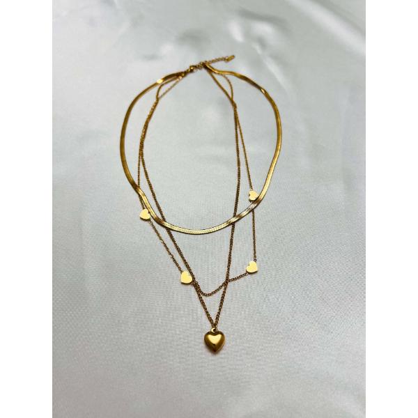 Heart design stackable golden snake chain 3 layered necklace waterproof anti tarnish stainless steel jewelry