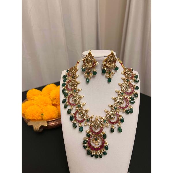 Jadau kundan necklace earring set  Chandbali design necklace set with victorian finish  Green and pink stone