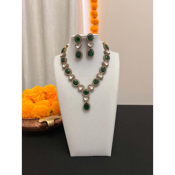 Moissanite fusion necklace set  Victorian finish polki and green stone necklace earring set  Yshaped necklace