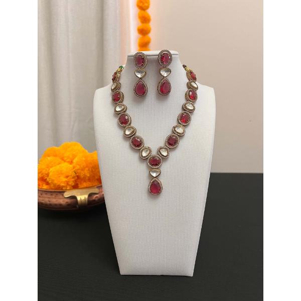 Moissanite fusion necklace set  Victorian finish polki and red stone necklace earring set  Yshaped necklace