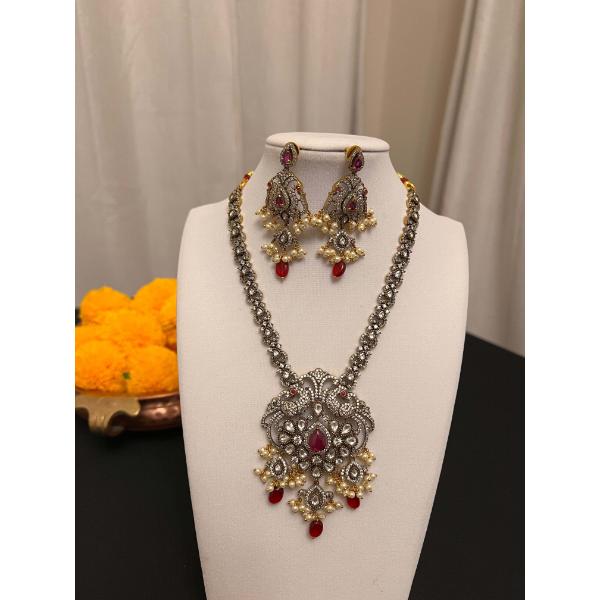 Moissanite necklace set with victorian finish  Red stone peacock necklace set
