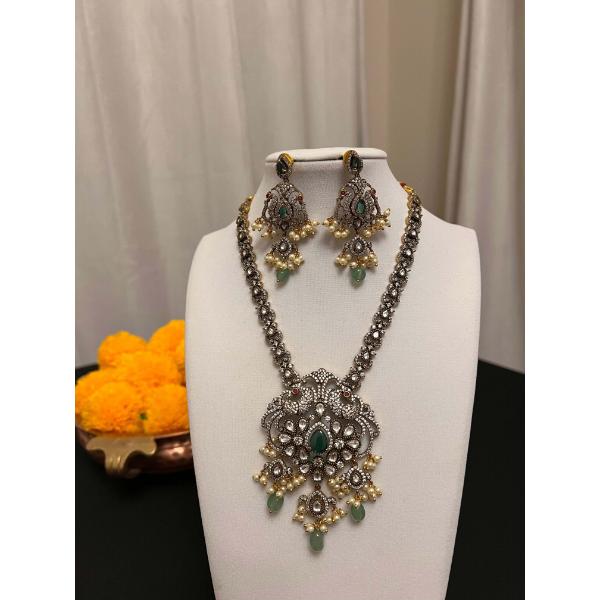 Moissanite necklace set with victorian finish  peacock necklace set  green stone necklace
