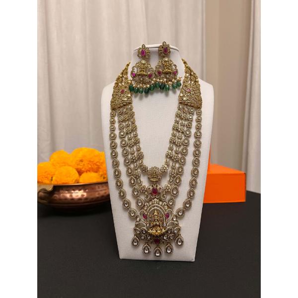 Moissanite stranded Rani haar  4 layered moissanite necklace and earring set with victorian finish  Green and pink stone necklace