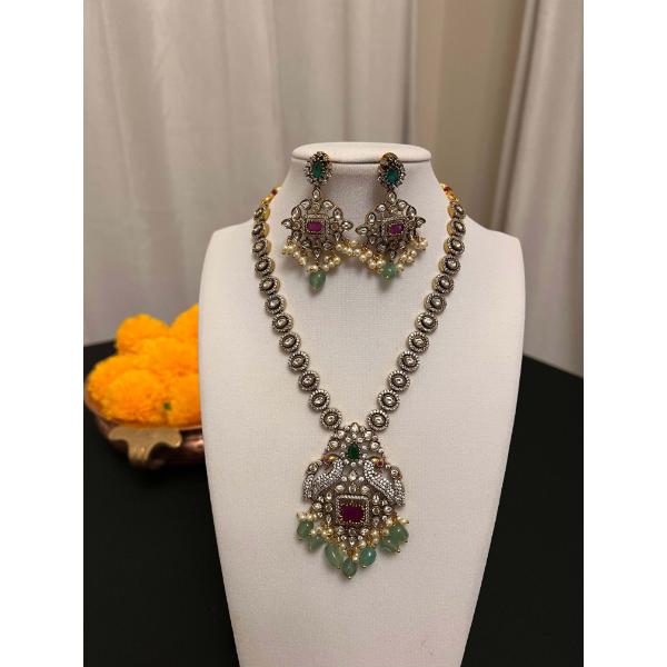 Moissanite victorian finish necklace set with green and pink stones  Peacock necklace set