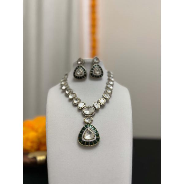 Pachi kundan green pendant and earring  Moissanite necklace set with victorian finish