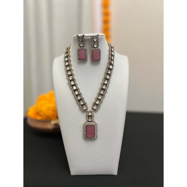 Pink stone moisssanite necklace set  Victorian finish fusion necklace earring set