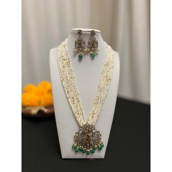 Radha Krishna long mala  Stranded beads necklace with victorian finish  Green stone necklace set