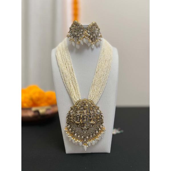 Shri Ram darbar moti mala  Beads stranded necklace and earring victorian finish  Long mala multilayered white beads necklace