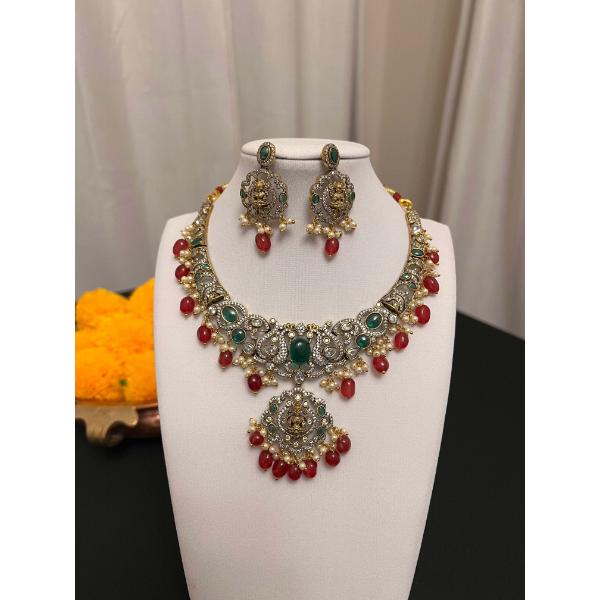 Victorian finish choker with Maa Laxmi motif necklace set  Red and green stones necklace earring set  Choker  bib necklace