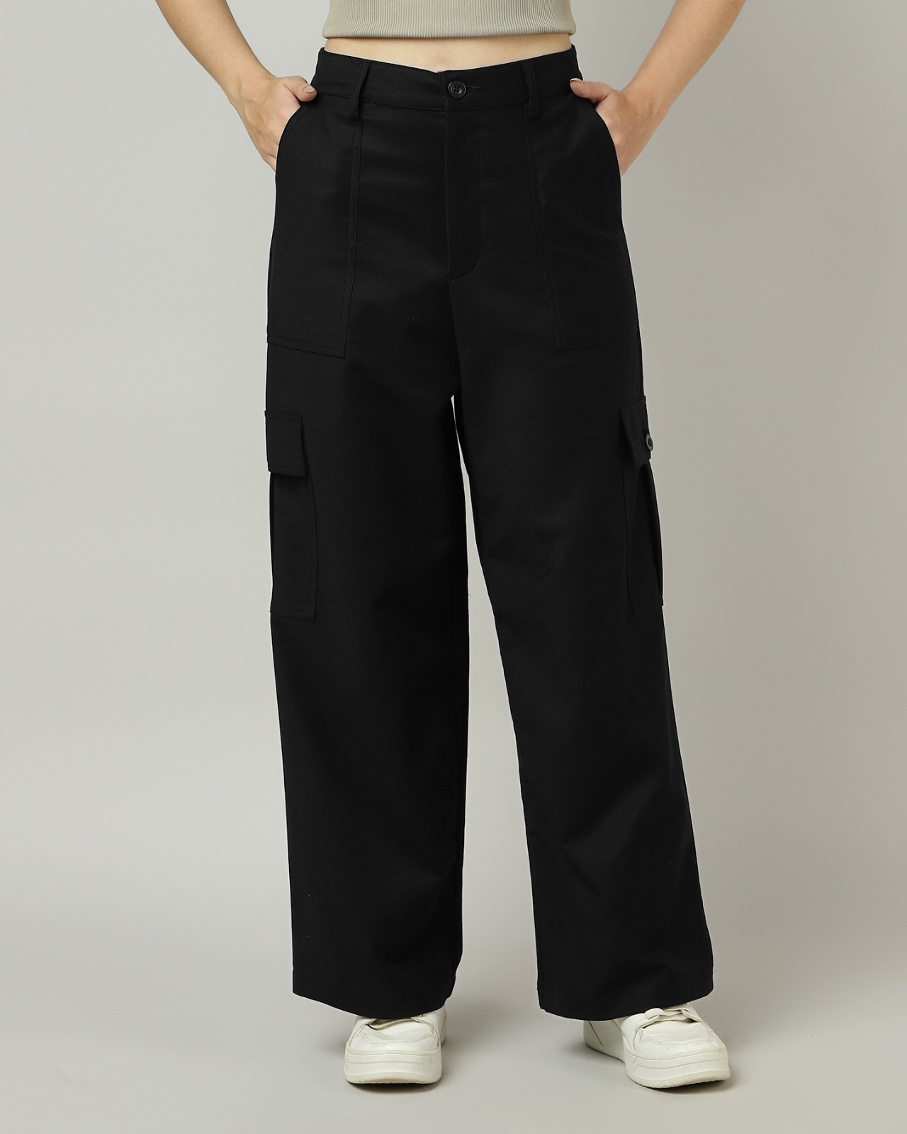 Black Cargo Pants  Wide Leg with Flap Pockets