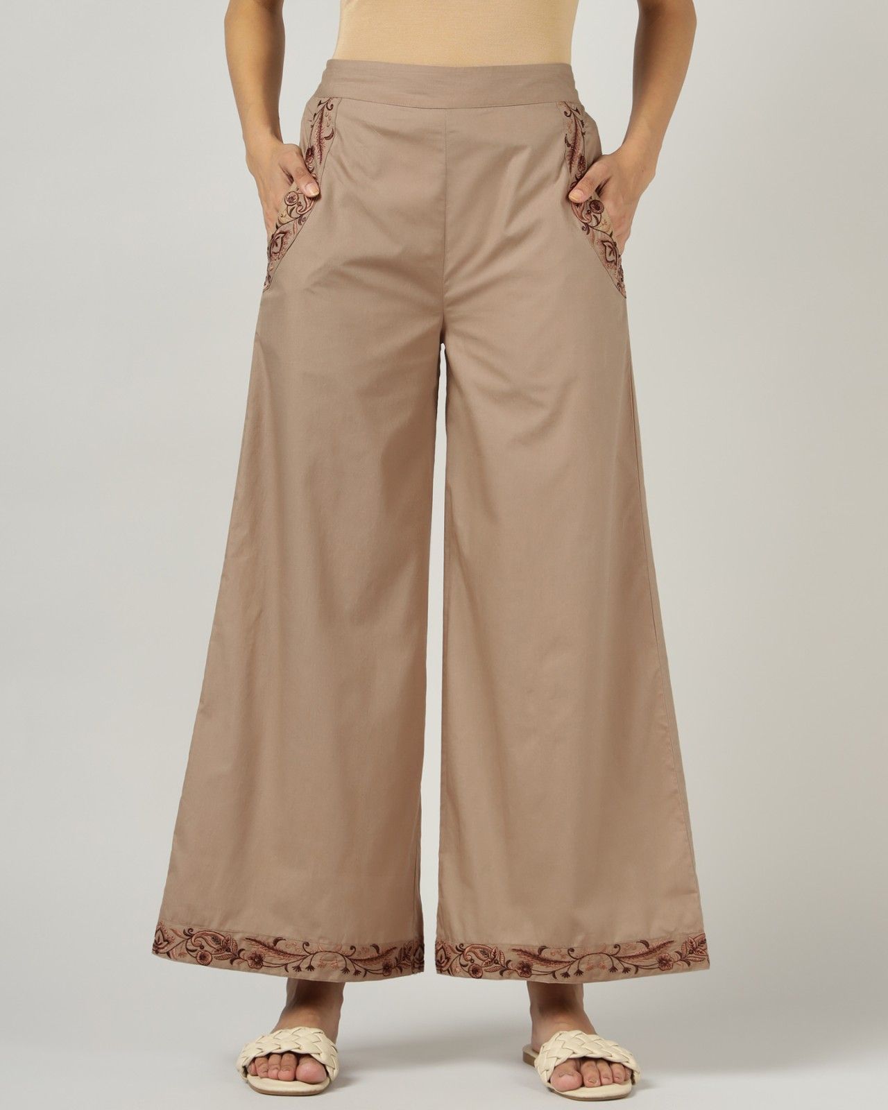 Mocha WideLeg Embroidered Trousers