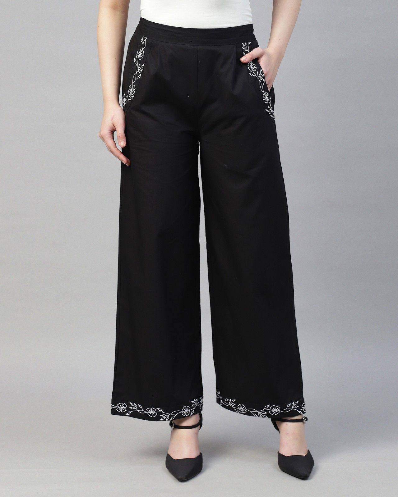 BLACK POPLIN EMBROIDERED HIGH WAIST TROUSER for women