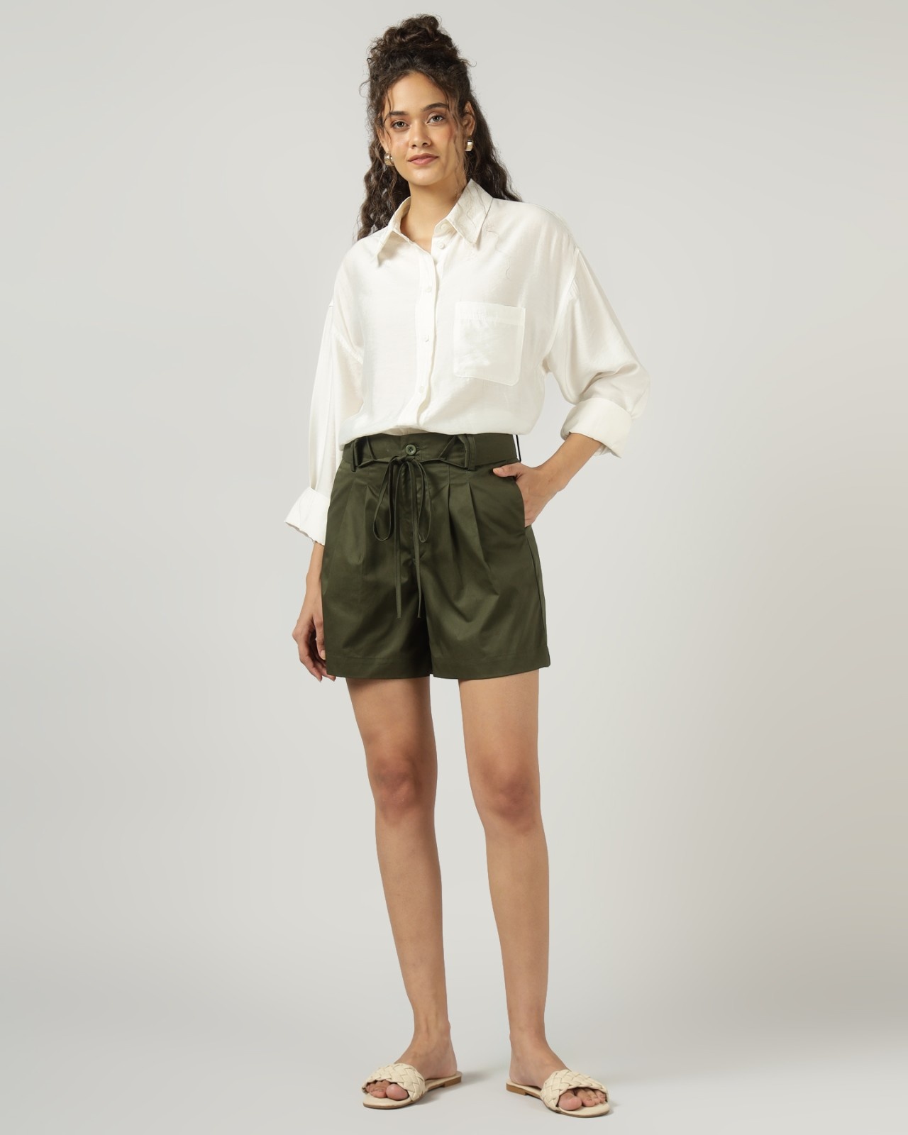Womens Dark Olive Green HighWaisted WideLeg Shorts