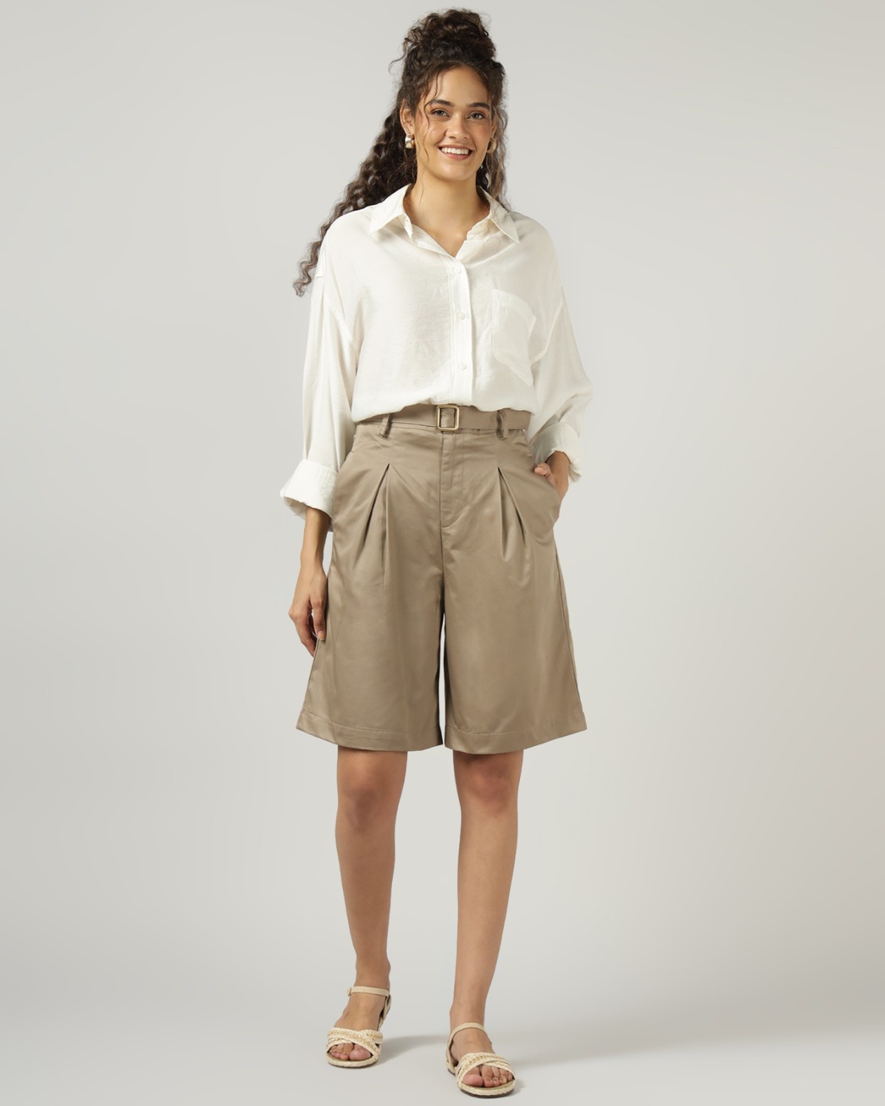 Womens Khaki Pleated Shorts with Belt