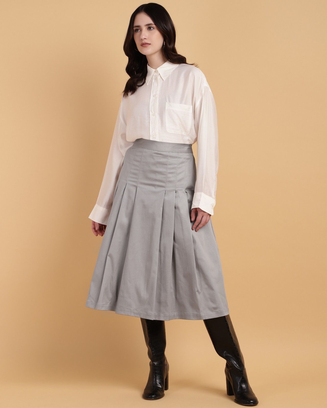 Grey Pleated ALine CalfLength Skirt with Check Fabric