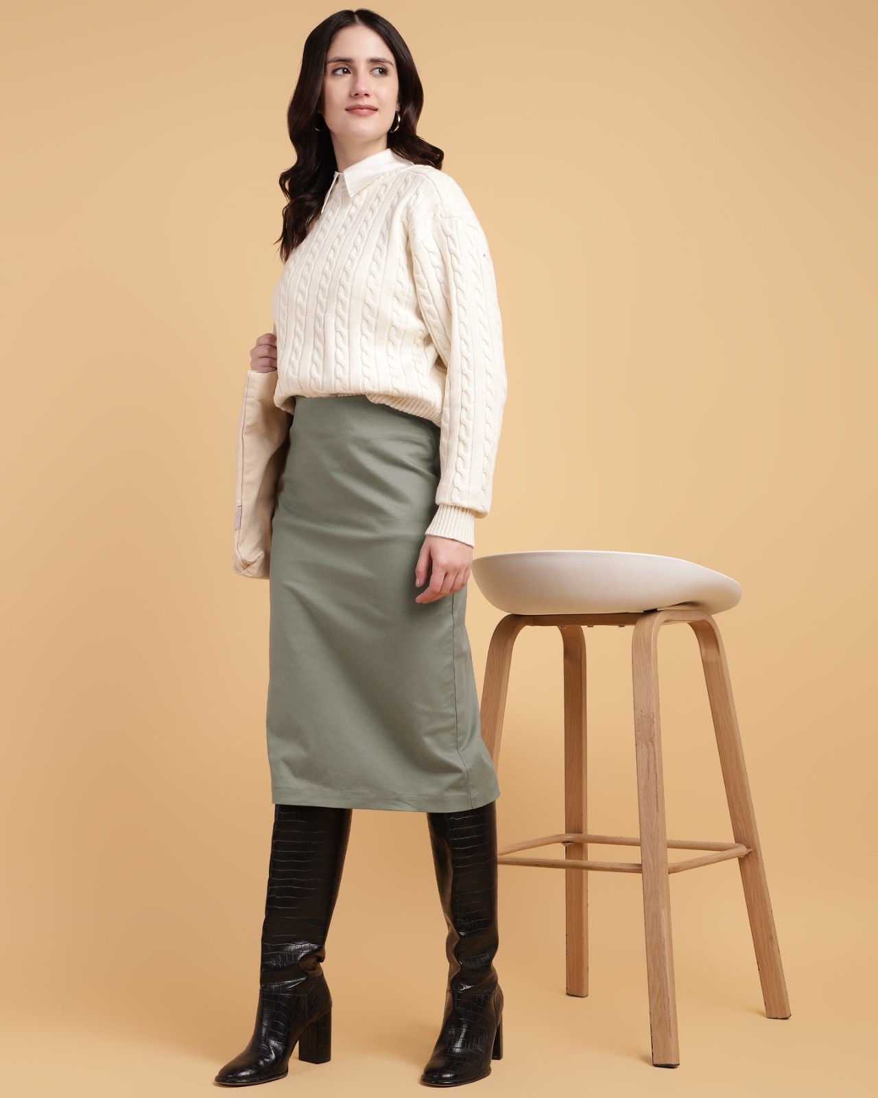 Olive Pencil skirt with Back slit