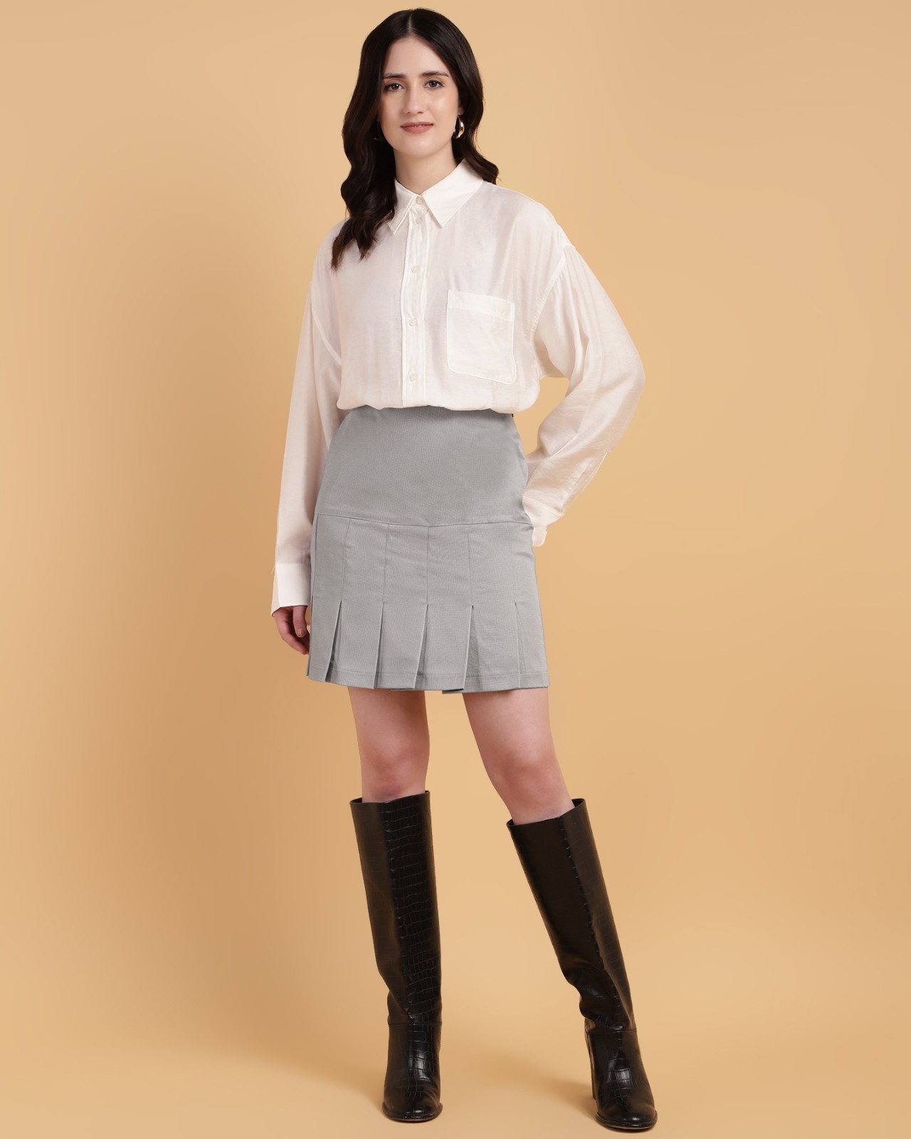 Grey HighWaisted Pleated Mini Skirt