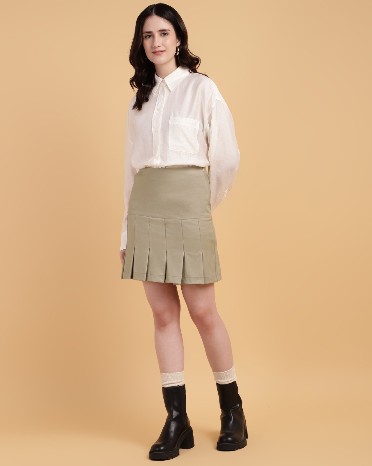 Beige HighWaisted Pleated Mini Skirt