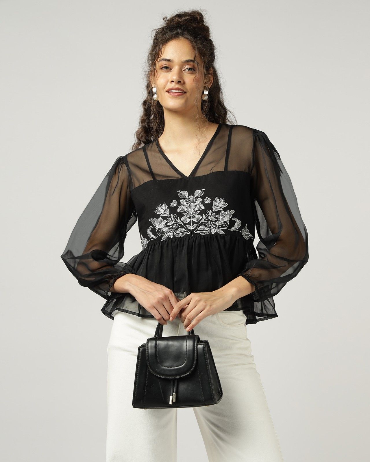 Black Organza embroidered top with camisole Set of 2