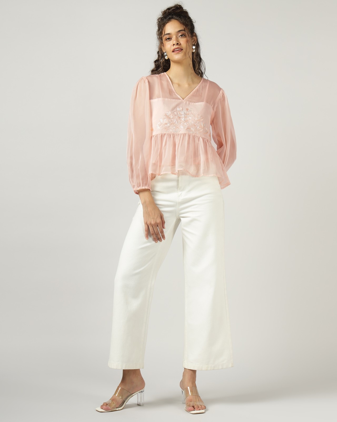 Peach Organza embroidered top with camisole Set of 2