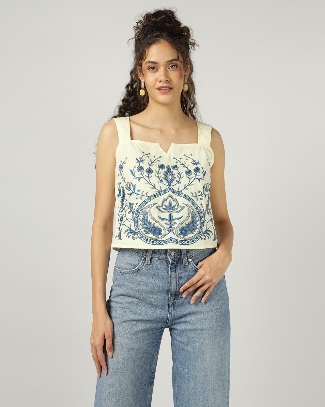 Off white Fully embroidered strap top