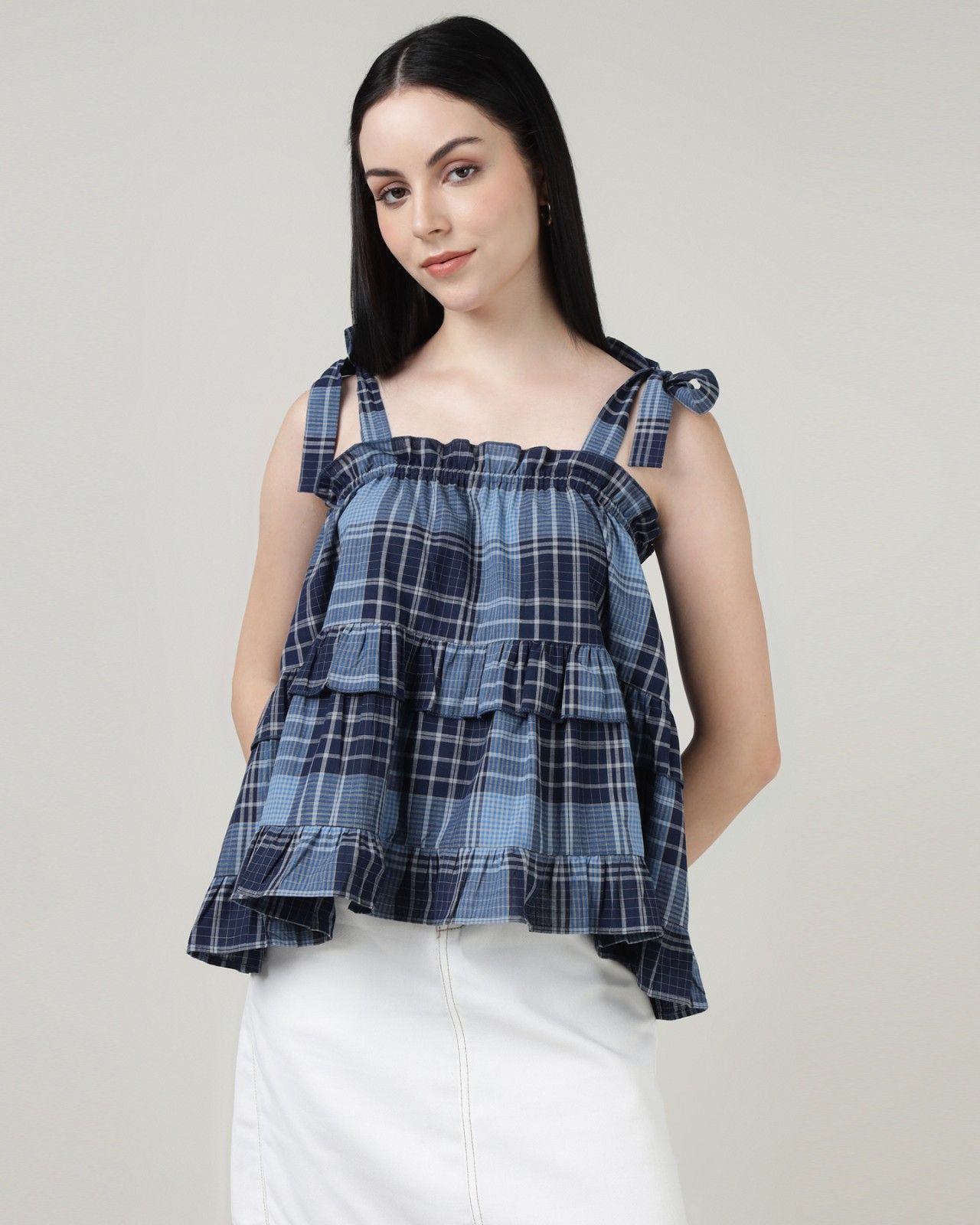 BLUE CHECKED RUFFLED TOP