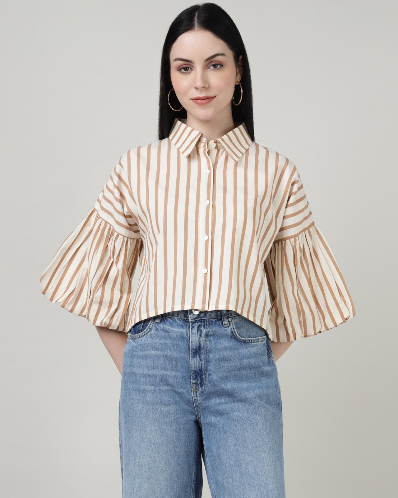 Cream Striped BellSleeve Shirt