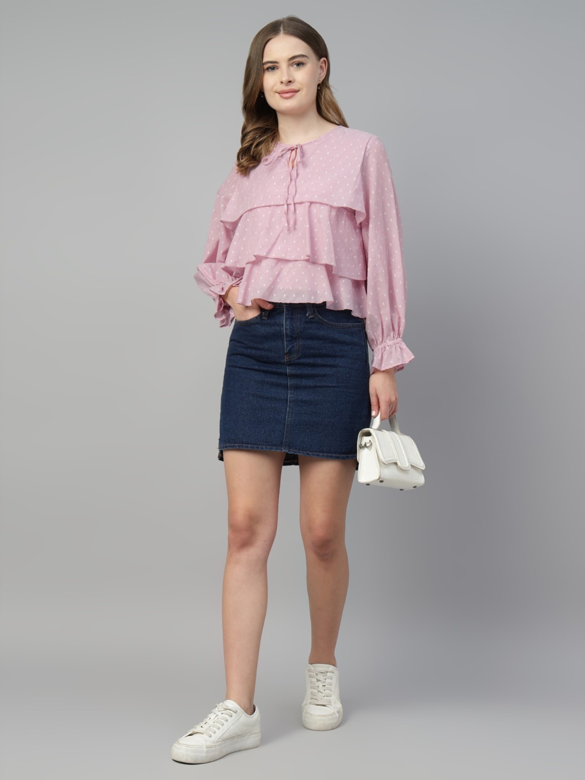 PINK Ruffled TieNeck Dobby Blouse