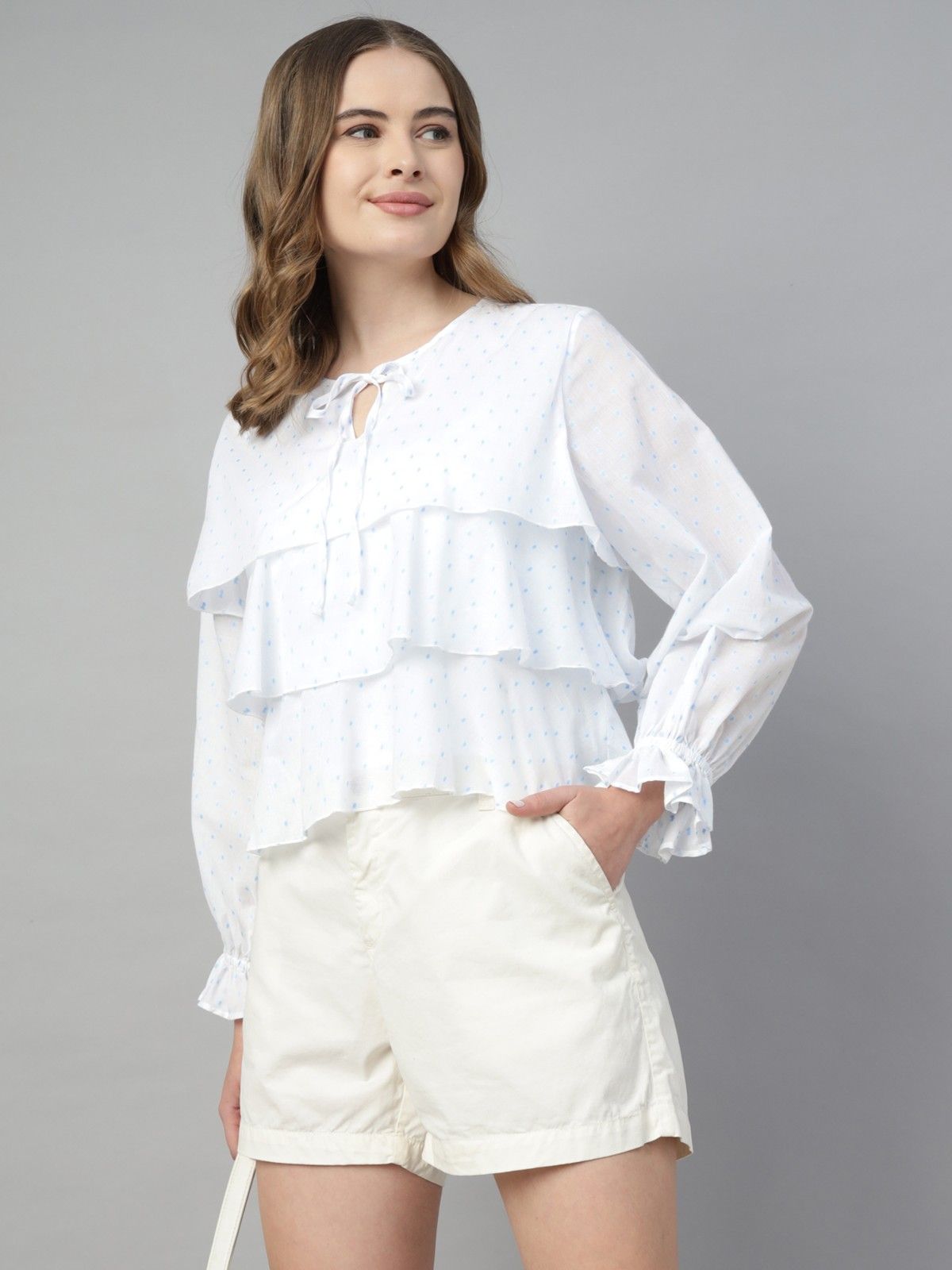 WHITE Ruffled TieNeck Dobby Blouse